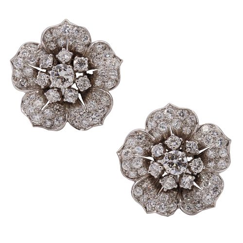 5.20 Carats Diamonds Art Deco Platinum Flower Earrings