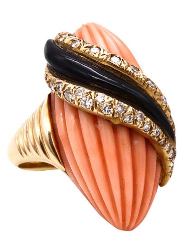 Andre Vassort 18 Kt Cocktail Ring With 1.02 Cts Diamonds Coral & Onyx