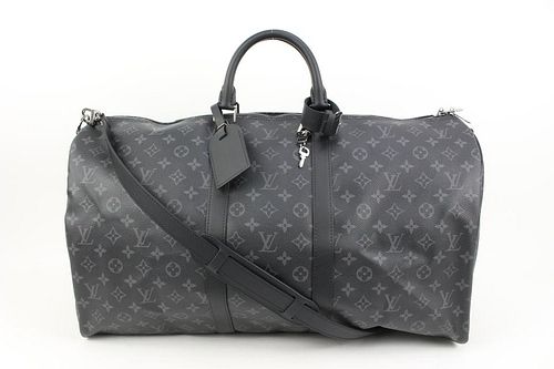 LOUIS VUITTON BLACK MONOGRAM ECLIPSE KEEPALL BANDOULIERE 55 DUFFLE WITH STRAP