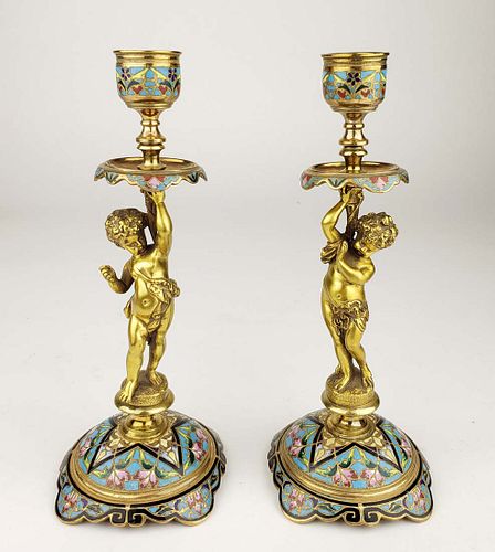 Pair of 19th C. French Champleve Enamel Candlesticks