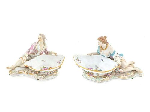 Pair of Large 19th C. Meissen Figural Sweet Meat Porcelain Dishes