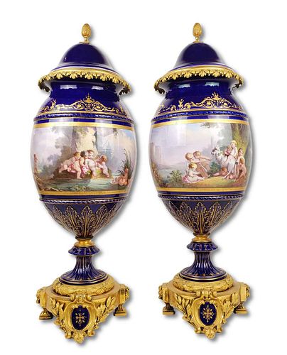 Pair of Large 19th C. French Sevres Porcealin & Bronze Vases