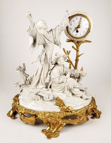 19th C. French Chinoiserie Bisque & Bronze Figural Clock