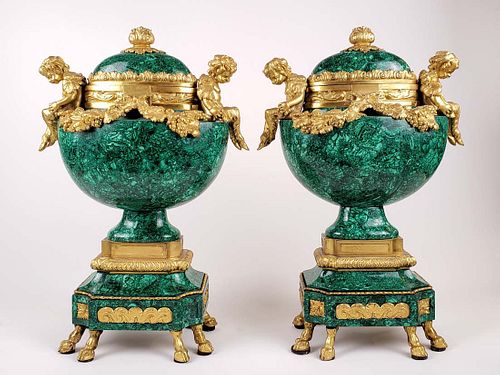 Pair of 19th C. Malachite & Gilt Bronze Vases