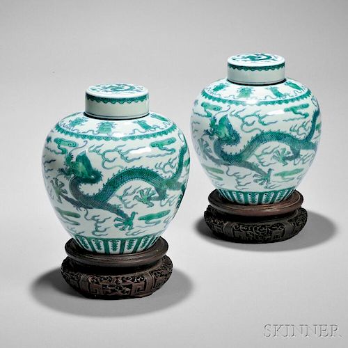 Pair of Blue and Green Dragon Jars