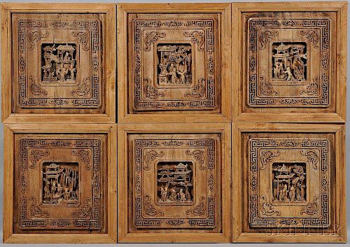 Six Carved Wood Architectural Panels