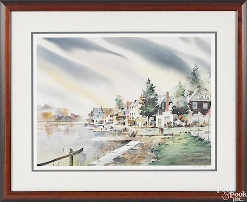 Howard Watson (American, b. 1929), lithograph of Boathouse Row, signed lower right