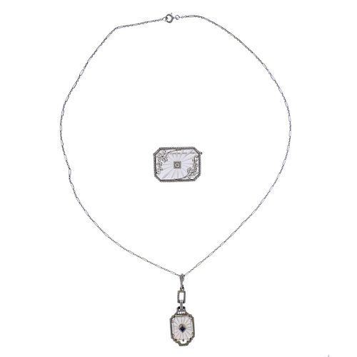 Art Deco 14k Gold Crystal Diamond Pendant Necklace Brooch Lot