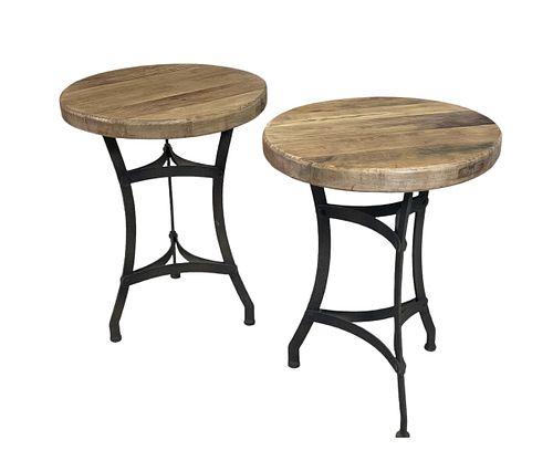 PAIR OF RECLAIMED WOOD TRIPOD SIDE TABLES
