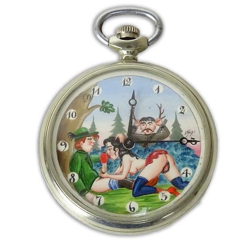Vintage Hand painted Erotic Open Face Pocket watch. Chased woodland scene on back of case.