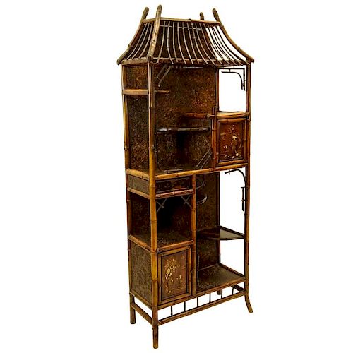 Early 20th Century Japanese Bamboo Etagere, Carved Doors with Ivory Accents and Lacquer Shelves.