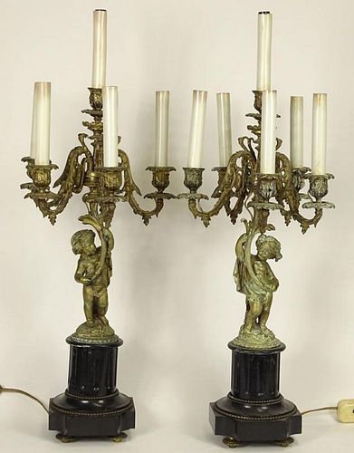 Pair French Louis XVI Style Bronze Putti Candelabra Table Lamps.