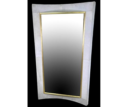 CONTEMPORARY CURVED COWHIDE FRAMED BEVELED MIRROR