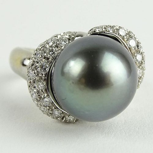 Vintage 12.5mm Tahitain Black Pearl, 1.0 Carat Pave Set Round Cut Diamond and 14 Karat White Gold Ring.