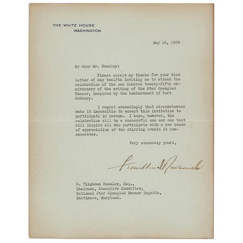 Franklin D. Roosevelt Typed Letter Signed as President on Star Spangled Banner