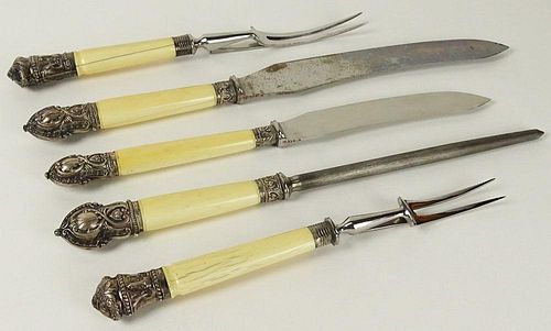 19th Century Sterling Silver Mounted Ivory Handled Five (5) Piece Carving Set in Fitted Box.