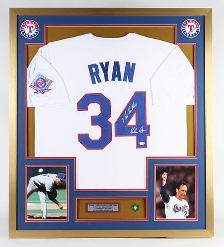 Nolan Ryan Signed Rangers 32x36 Custom Framed Jersey Display with Hall of Fame Pin Inscribed "7 No Hitters" (PSA)