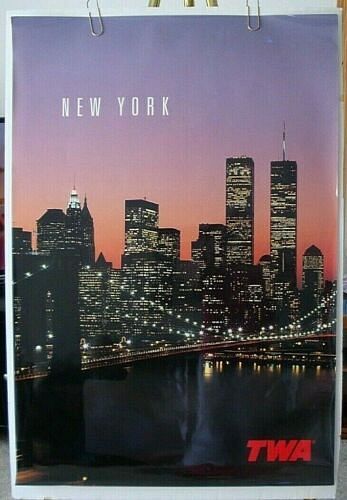 TWA POSTER TRANS WORLD AIRLINES NEW YORK Twin Towers ORIGINAL 1980-90'S
