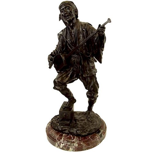 Large 19/20th Century Japanese Bronze Sculpture on Marble Base "Man With Instrument and Parasol".