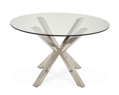 A contemporary chrome and glass dining table