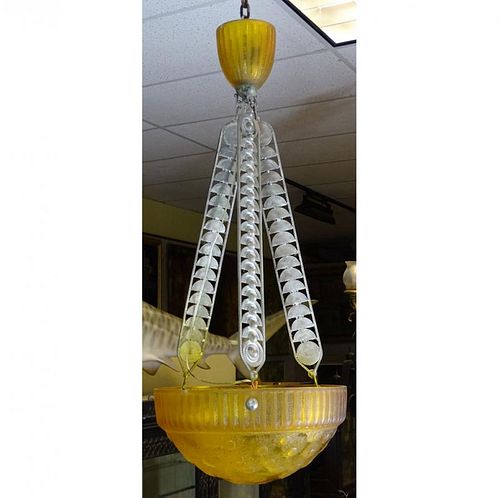 Art Deco Style Amber Moulded Glass Chandelier with Silvered Metal Stylized Supports.