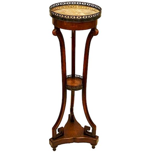 Vintage Two Tier Pedestal with Galleried Marble Top and Leather Veneer.