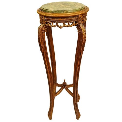 Modern Carved Wood Pedestal Table with Green Marble Top.