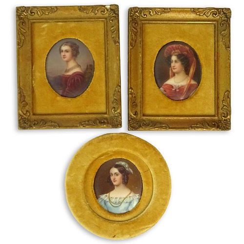 Collection of Three (3) Painted Portrait Miniatures on Porcelain, Young Beauties.
