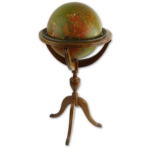 Vintage Lighted Glass World Globe on Wood Stand.