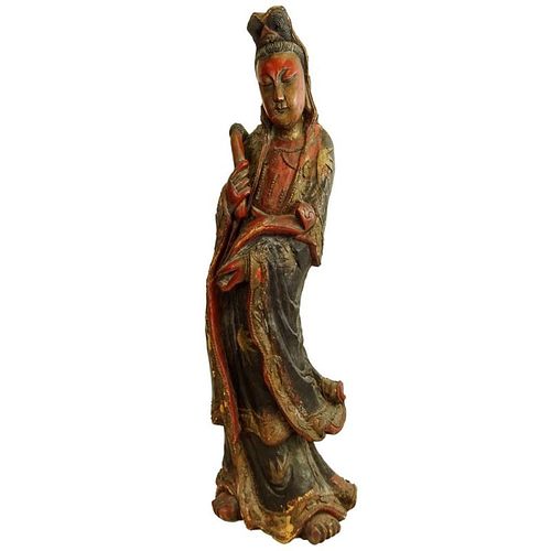 Antique Chinese Carved Wood Polychromed Figure of Guanyin.