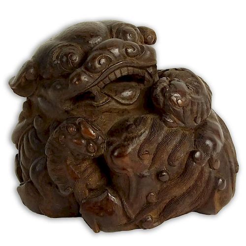 Chinese Carved Bamboo Buddhist Lion with Cubs Sculpture.