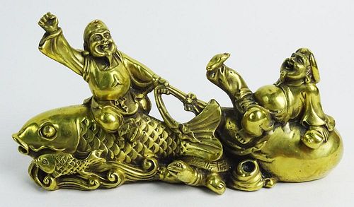 Modern Gilt Bronze Sculpture Two Buddha Riding a Fish. In custom Fitted Box.