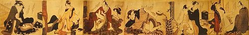 Antique Japanese Erotic Shunga Woodblock on Fabric Laid on Heavy Paper Scroll.
