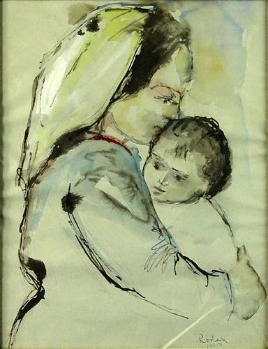 Jehuda Rodan, Israeli  (1916-1985) Watercolor "Mother and Child".
