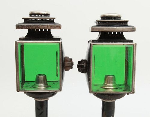 PAIR OF SILVER-PLATED AND BLACK PAINTED METAL CARRIAGE LANTERNS