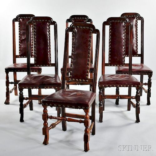 Assembled Set of Six Mahogany Leather-upholstered Crook-back Chairs