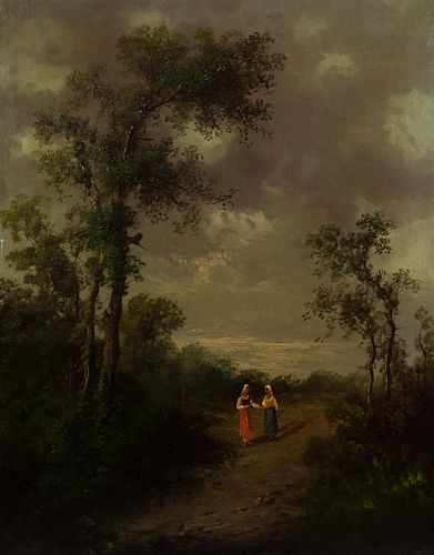 19th C Oil on Canvas Landscape with Figures Painting 