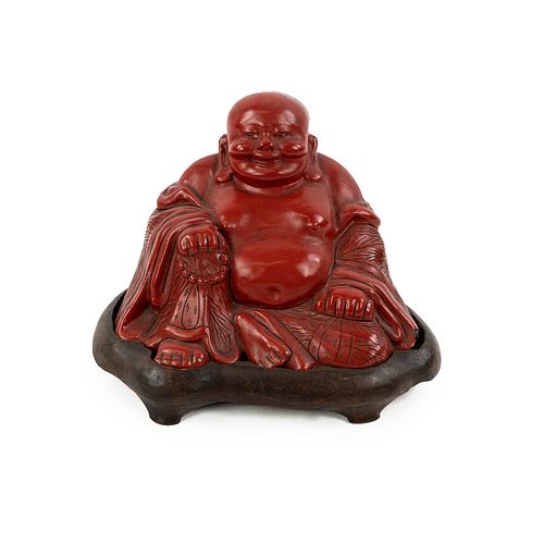 Chinese Cinnabar Happy Buddha Signed Sculpture 