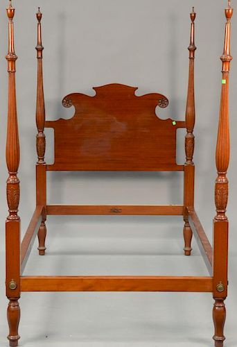 Margolis pair of custom mahogany twin size four post beds having tall fluted posts and urn finials, signed Nathan Margolis Shops. 
h...