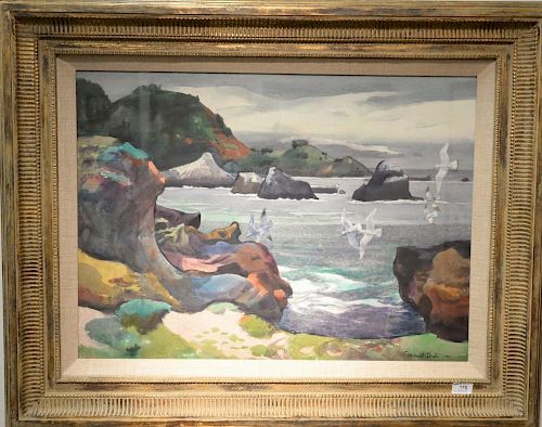 Millard Sheets (1907-1989) 
Rocks of Lobos 1980 
watercolor 
signed lower right: Millard Sheets 1980 
titled and marked on verso: Mi...