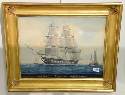 John Faunce Leavitt (1905-1974) 
US Frigate Constitution Entering Marblehead 1814 
gouache and watercolor on paper 
signed lower rig...