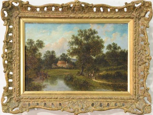 Continental Landscape with House Across Pond 
and two people at gate
oil on panel 
19th century
8" x 12"

Provenance: Property from ...