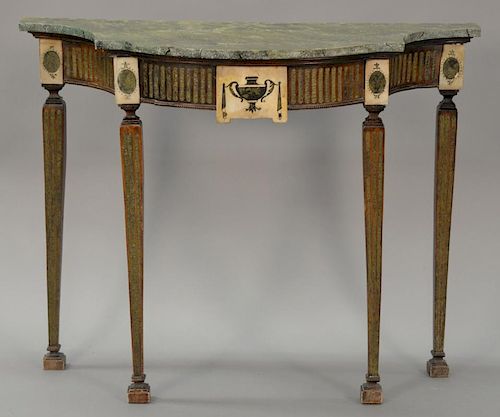Adams style console table having faux marble top over fluted frieze mounted with inlaid marble. 
ht. 33 in.; top: 16" x 41"