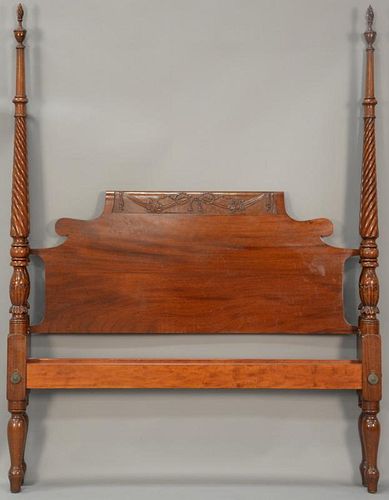 Fineberg mahogany four post bed with spiral tall four posts ending in flame finials and ribbon carved headboard (double size). 
ht. ...