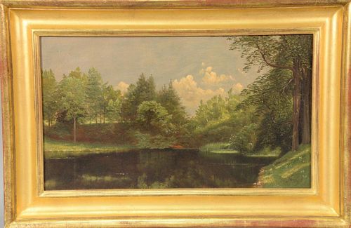 Nelson Augustus Moore (1824-1902) 
Landscape with Pond 
oil on canvas 
signed lower right: NA Moore 96 
relined 
14" x 24"