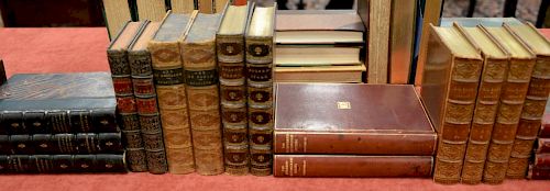 Group of forty-nine leatherbound books and sets of books including Gilblas Lesage, White's Shakes, Bulfinch, Diary of Samuel Pepys, ...