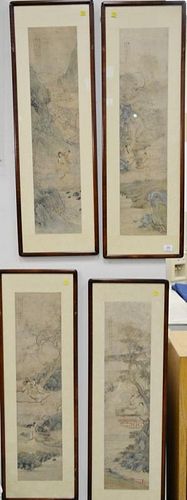 Set of four Oriental framed scrolls, watercolor on silk landscapes, each signed and have seal marks in top left corner, 18th or 19th...