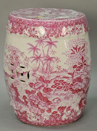 Porcelain garden seat, pink and white with palm trees and flowers. 
ht. 18 in.; dia. 13 in.