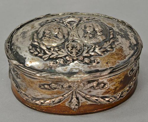 Continental covered silver box, oval form with two embossed figures, marked 800. 
lg. 4 in.; 5.7 t oz.