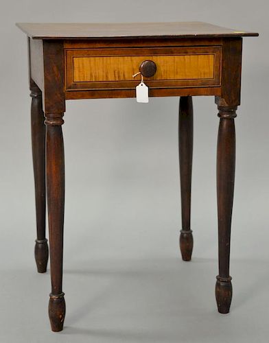 Federal mahogany one drawer stand with tiger maple drawer front. 
ht. 26 1/4 in.; wd. 19 3/8 in.; dp. 17 3/8 in.